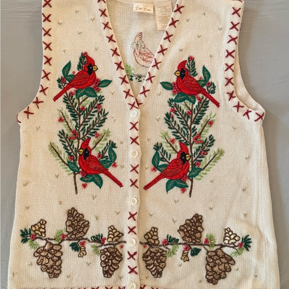Bobbie Brooks Cream Knit Vest with Red Embroidery